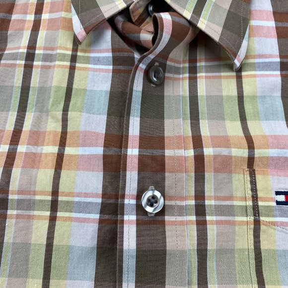 Tommy Hilfiger Shirt Men Medium M Brown Yellow Plaid Button Up Pocket Casual - Picture 6 of 11